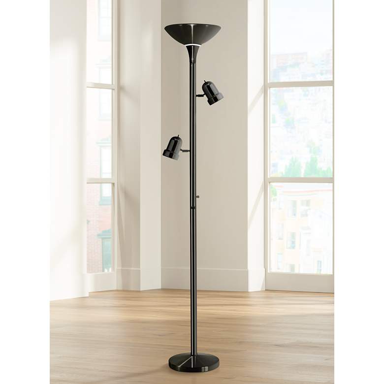 Image 1 3-in-1 Black Tree Torchiere Floor Lamp with Side Lights