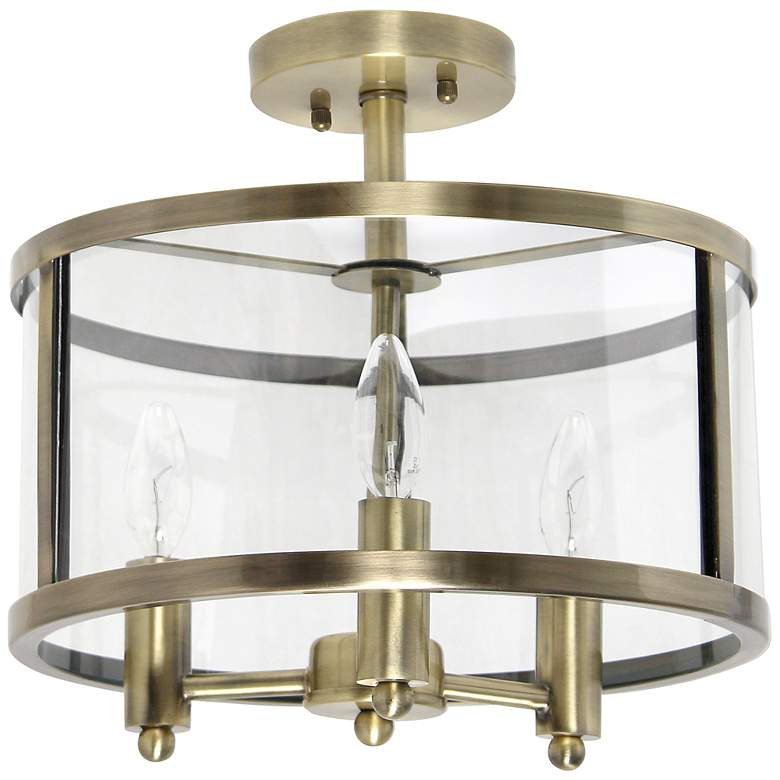 Image 3 3-Light 13" Glass and Metallic Accented Semi-Flush Mount, Antique Bras
