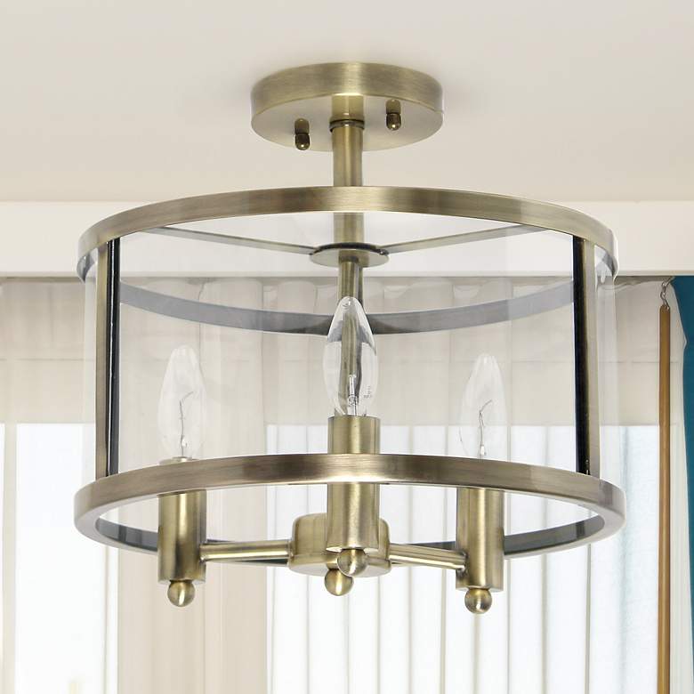 Image 2 3-Light 13" Glass and Metallic Accented Semi-Flush Mount, Antique Bras