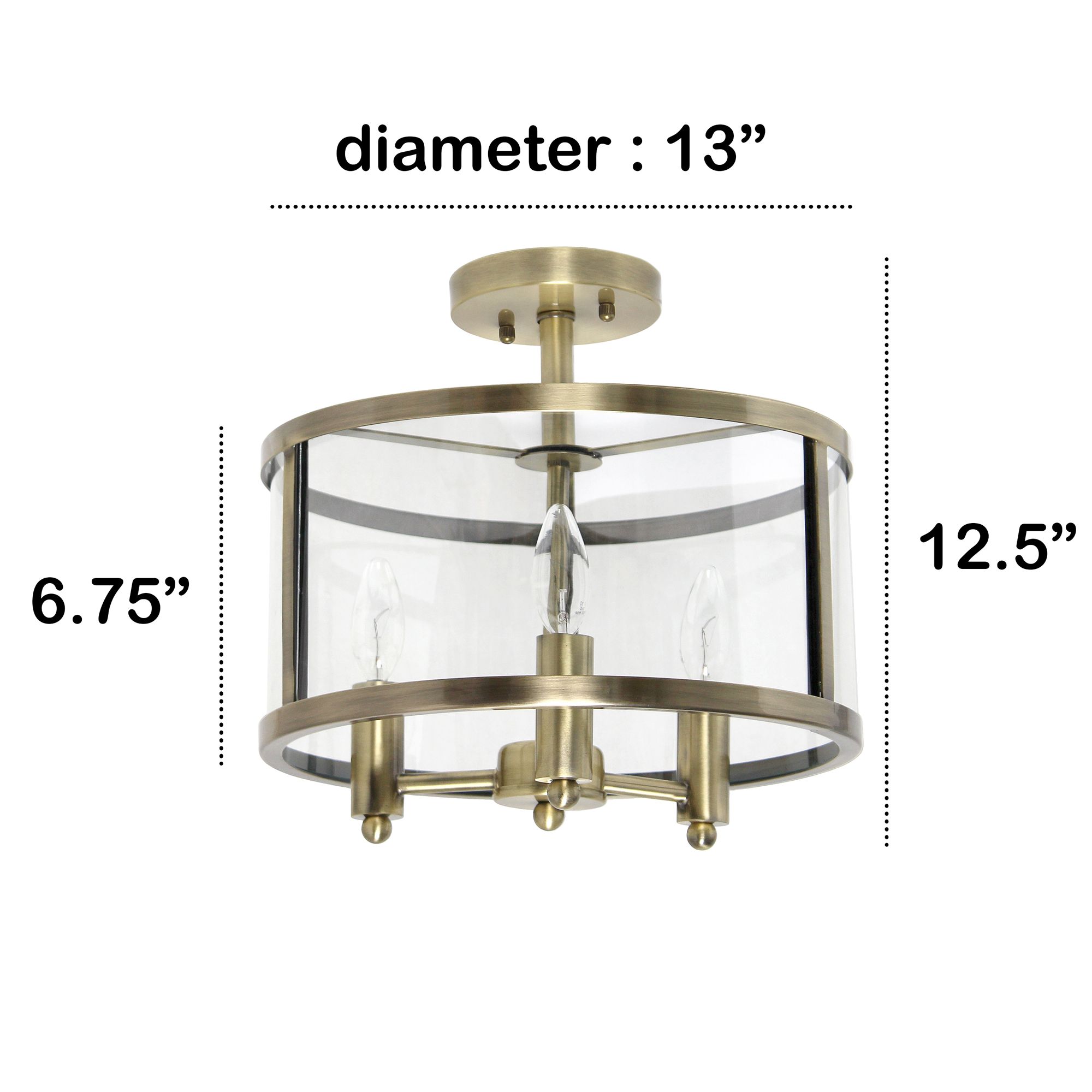 3-Light 13" Glass and Metallic Accented Semi-Flush Mount, Antique Bras in scene