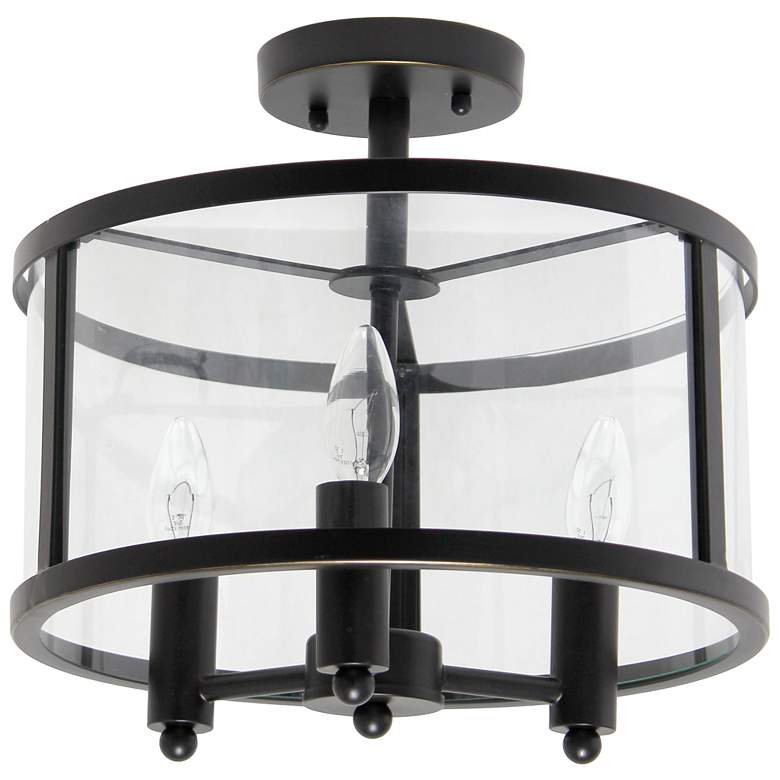 Image 1 3-Light 13" Glass and Metallic Accented Semi-Flush Mount, Matte Black