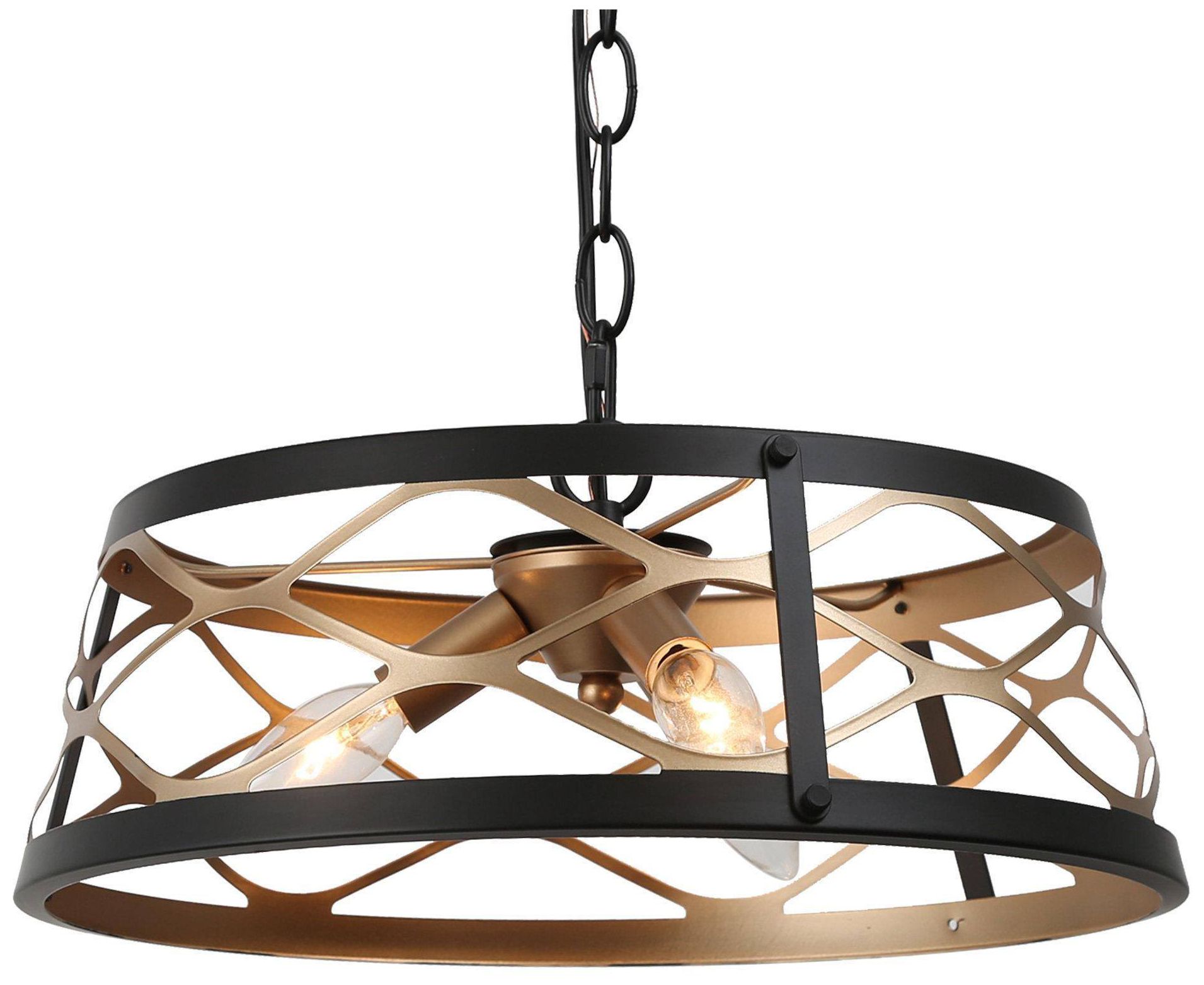 3-Light 15.4"W Drum Black and Dark Gold  Chandeliers