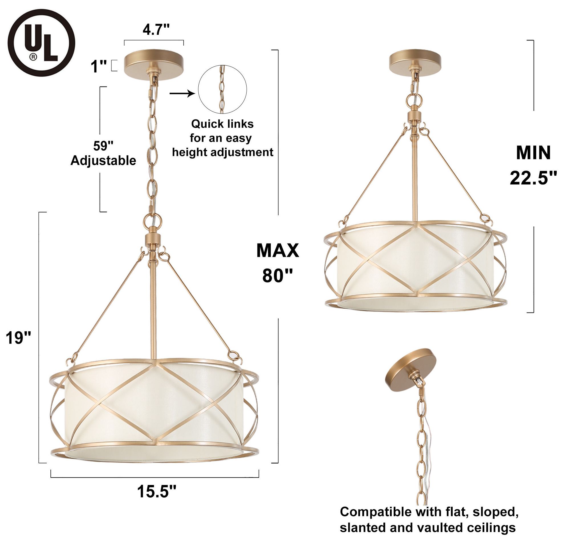 Image 5 3-Light 15.7"W Drum Metallic Gold Chandeliers more views