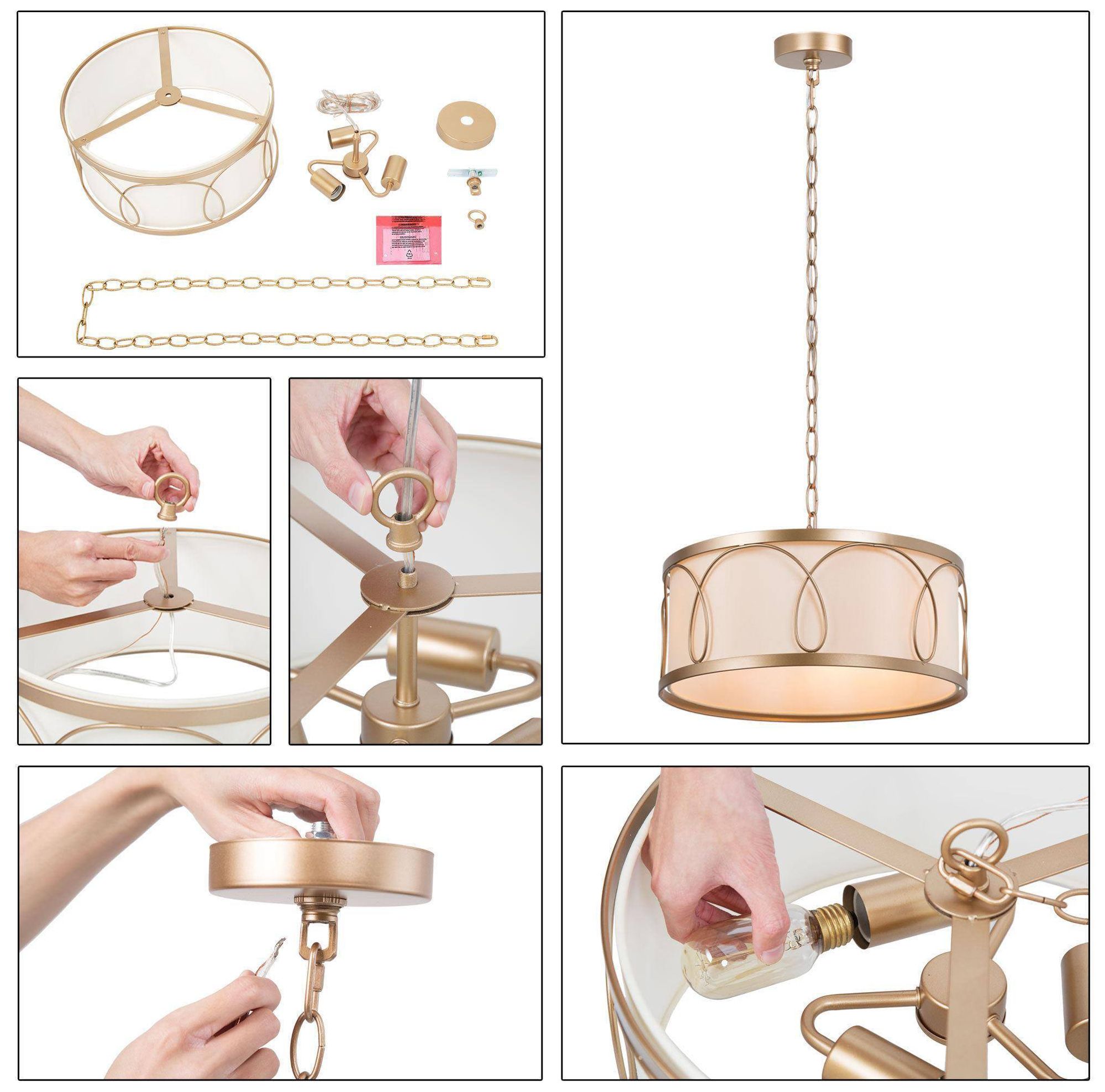 Image 6 3-Light 15.7"W Drum Metallic Gold Chandeliers more views