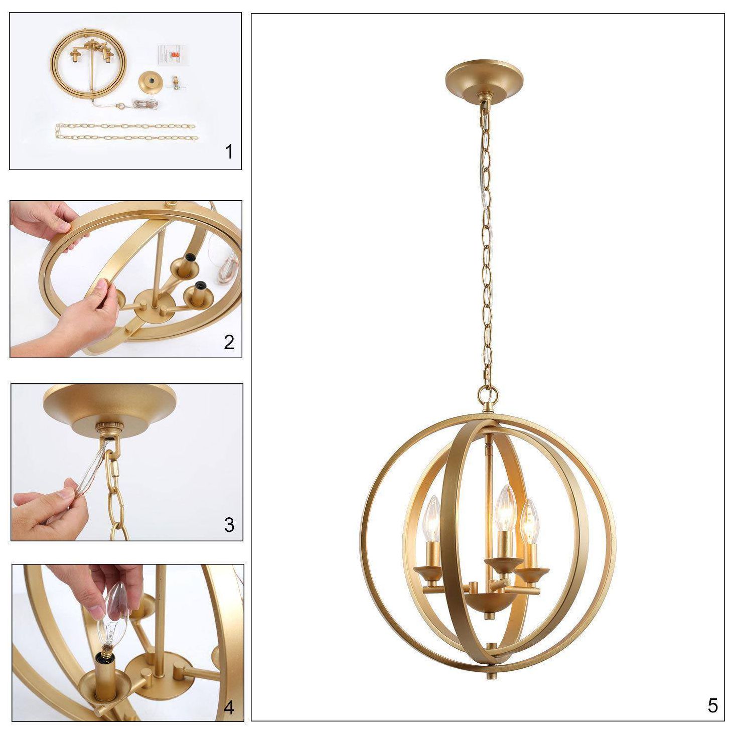 Image 6 3-Light 15.7"W Globe Antique Gold Chandeliers more views