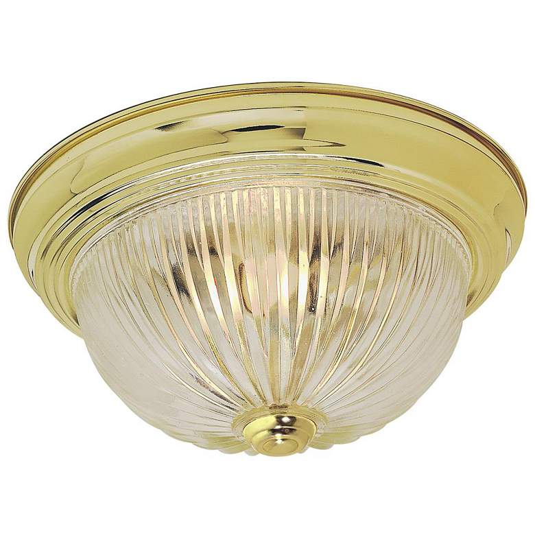 Image 1 3 Light - 15 inch Flush with Clear Ribbed Glass - Polished Brass Finish