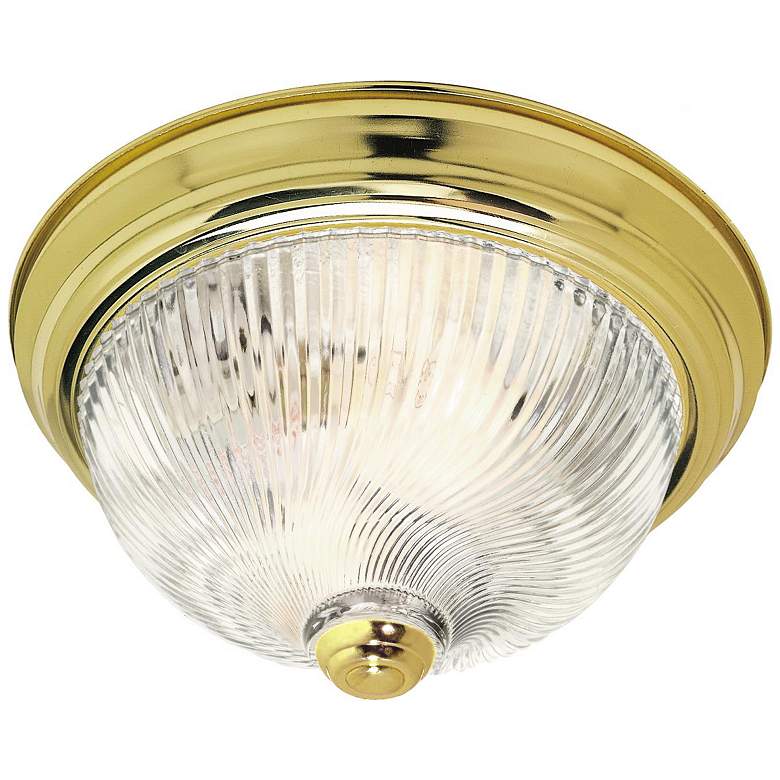 Image 1 3 Light - 15" Flush with Clear Ribbed Swirl Glass - Polished Brass Fin