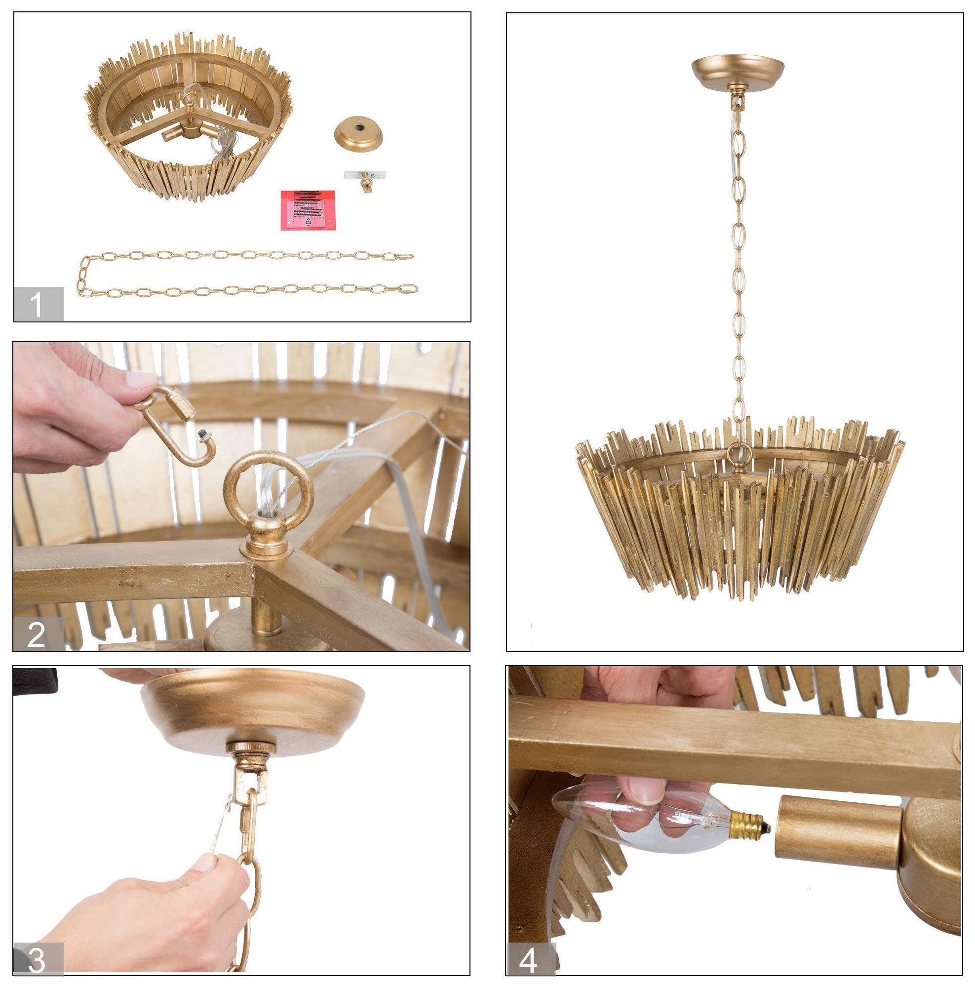 Image 5 3-Light 19.7"W Drum Antique Gold Wood Chandelier more views