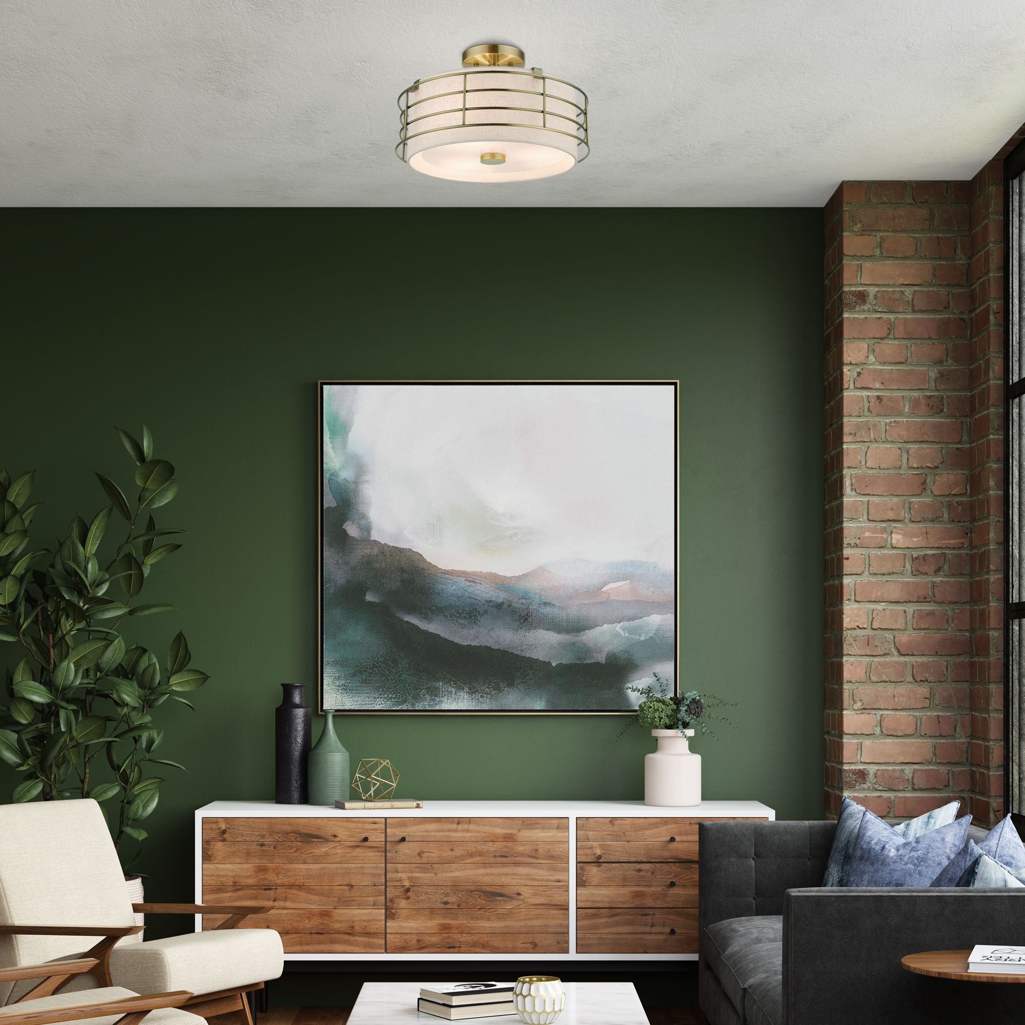 3 Light Antique Brass Large Semi-Flush