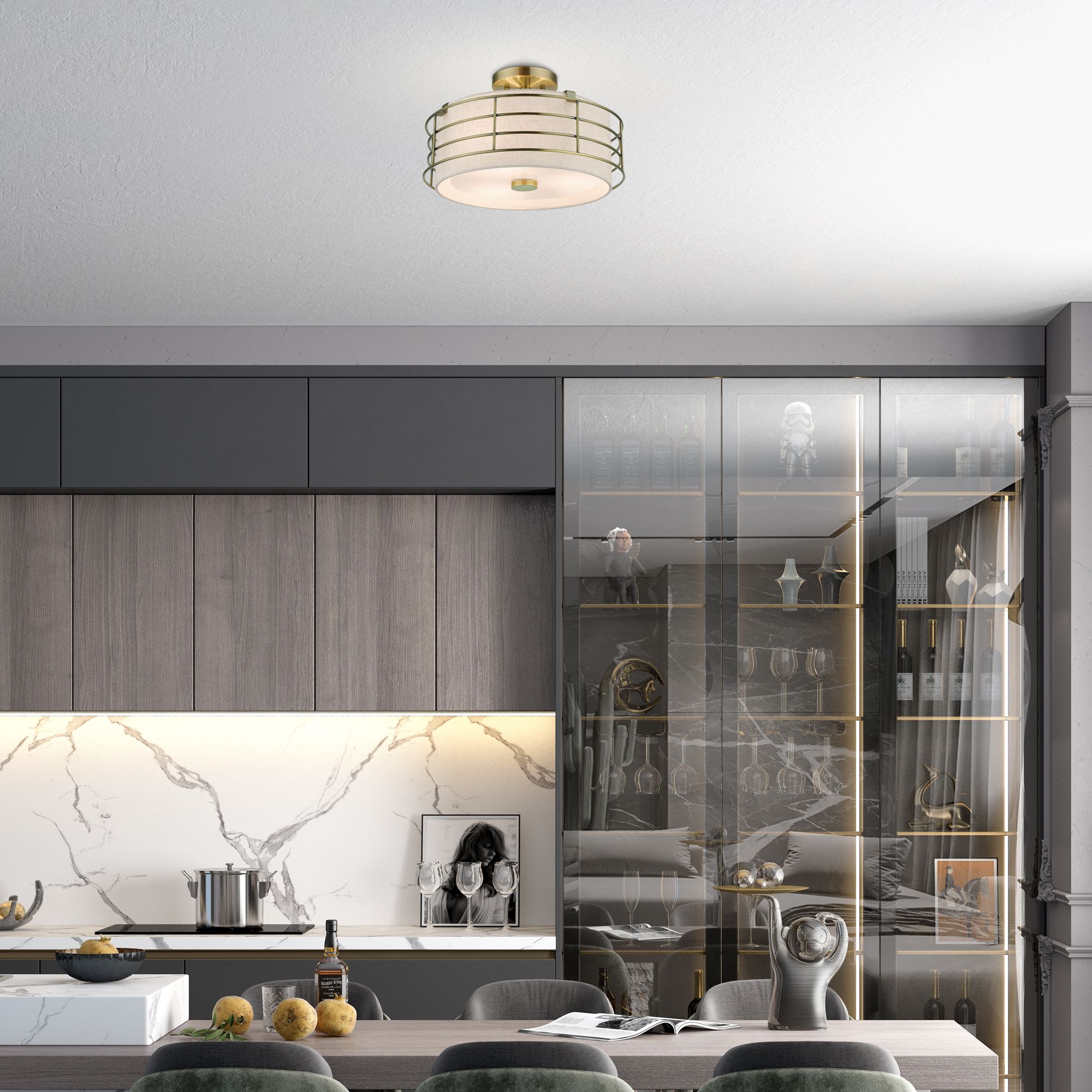 3 Light Antique Brass Large Semi-Flush