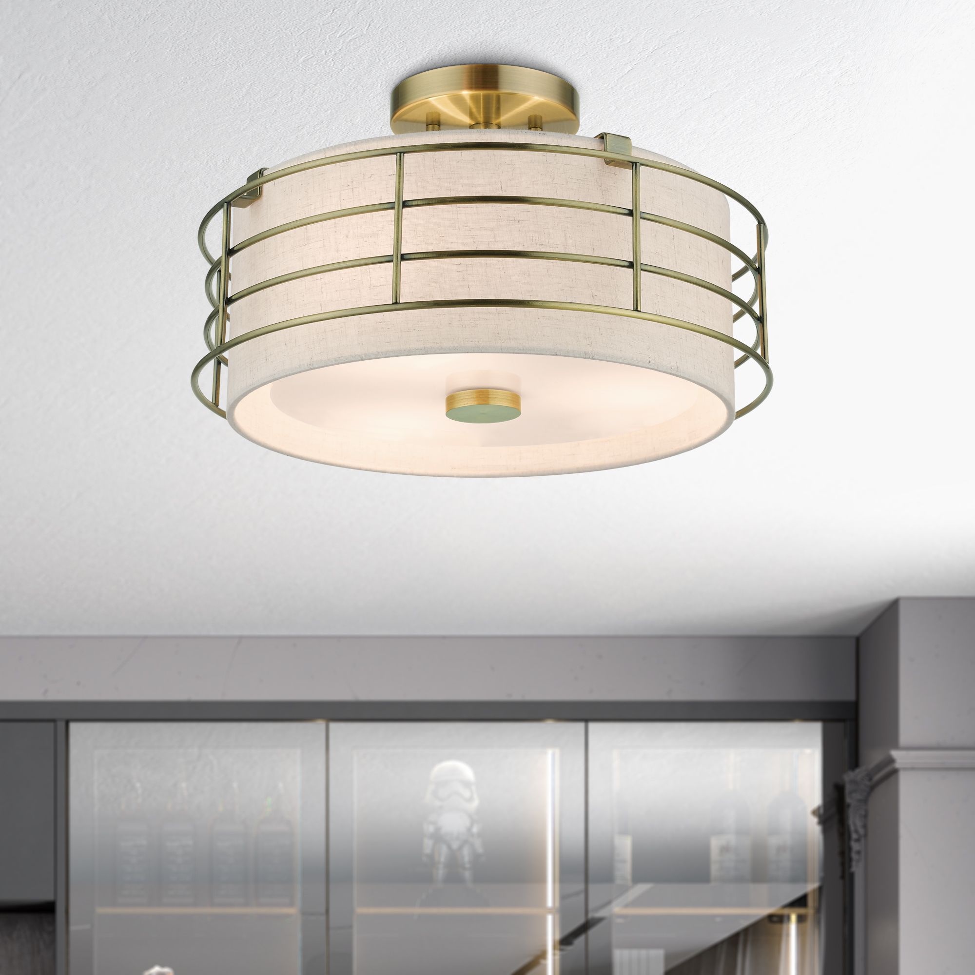 3 Light Antique Brass Large Semi-Flush