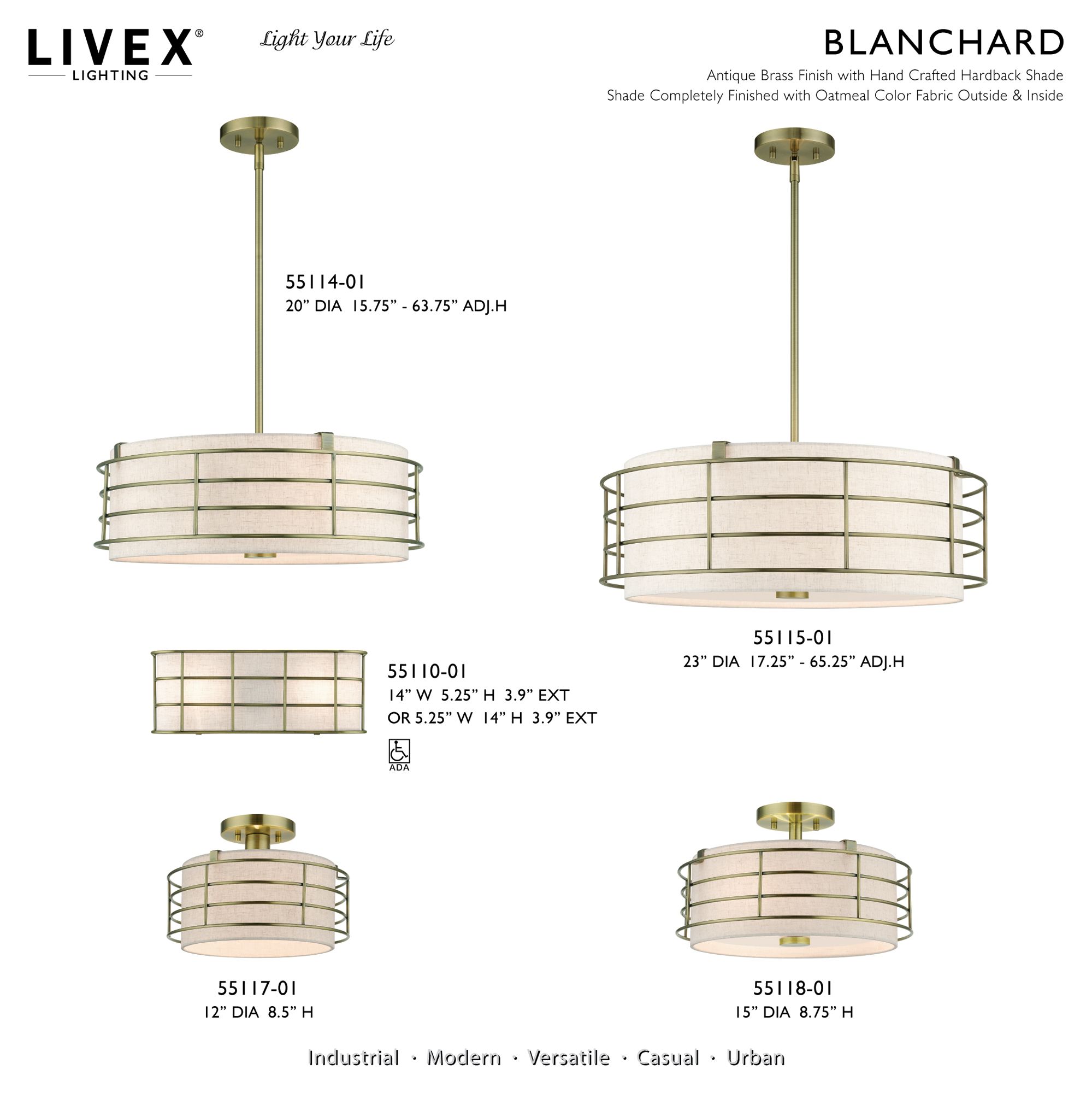 3 Light Antique Brass Large Semi-Flush