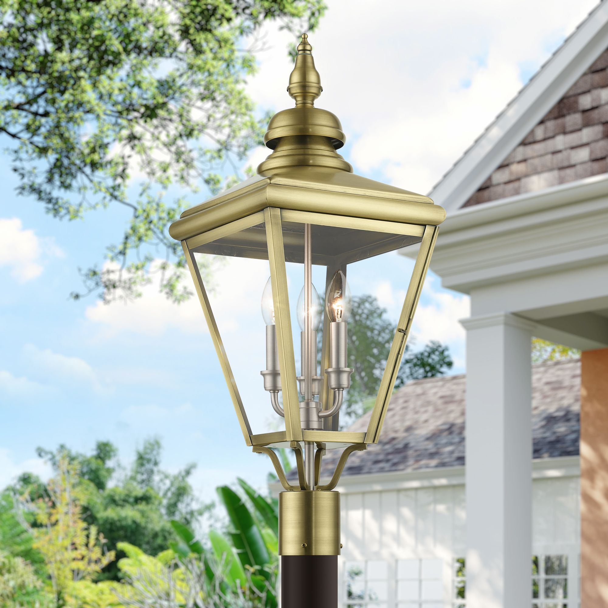 3 Light Antique Brass Outdoor Large Post Top Lantern