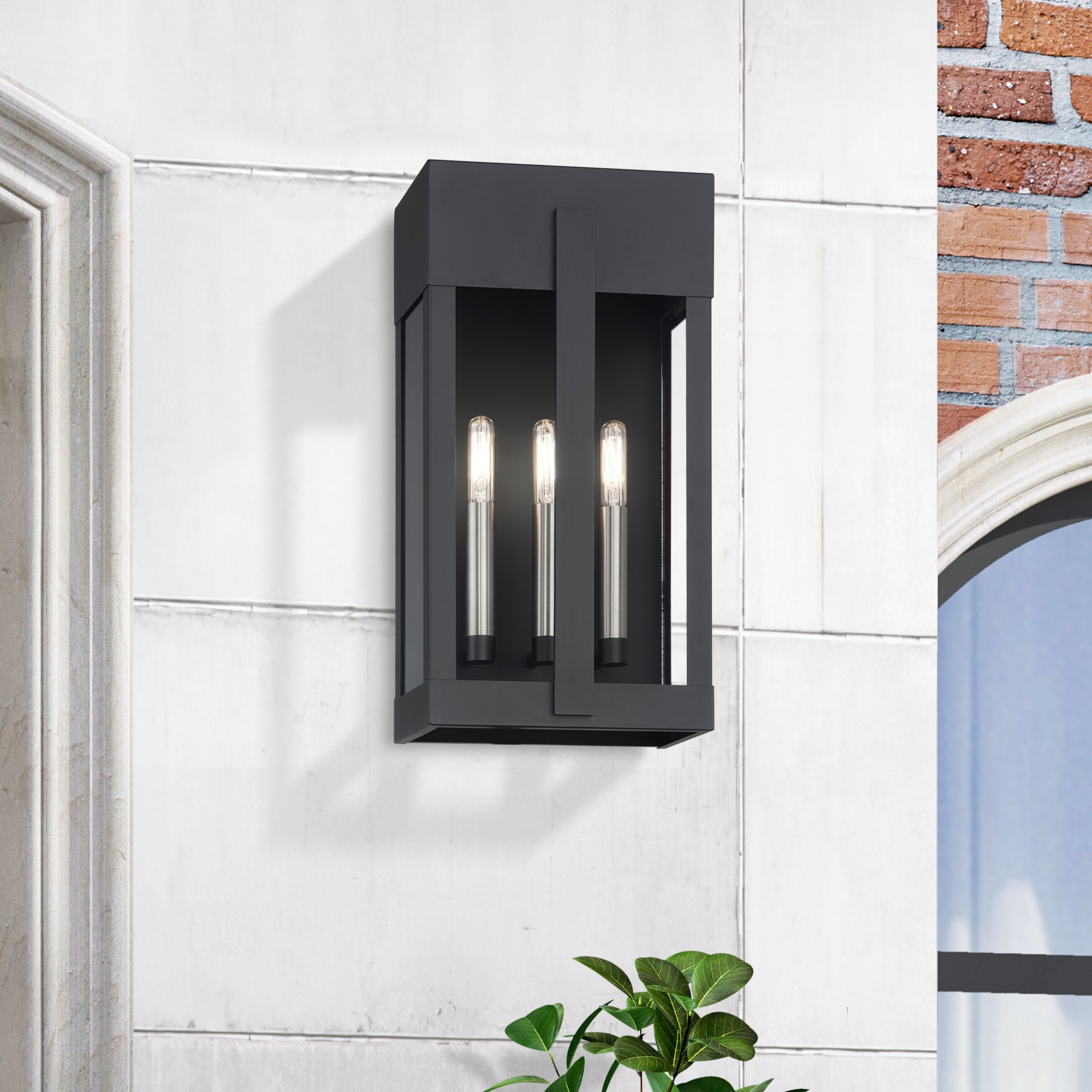 3 Light Black Large Outdoor Wall Lantern with Brushed Nickel Candles