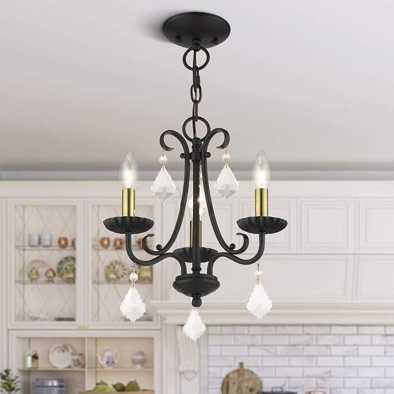Image 1 3 Light Black Mini Chandelier with Antique Brass Finish Accents