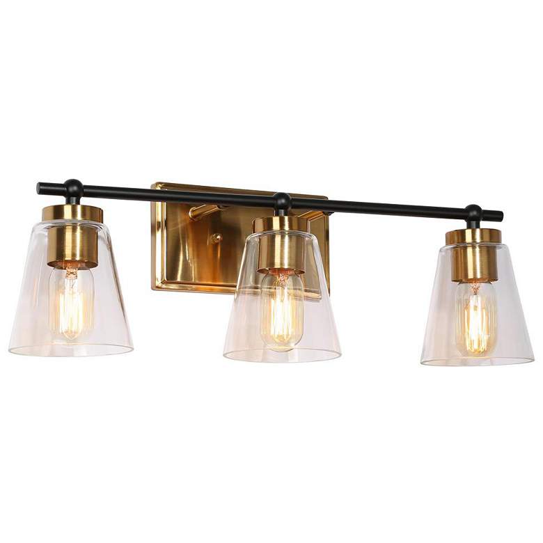 Image 1 3-Light Brass Gold Bathroom Vanity Light with Cone Clear Glass