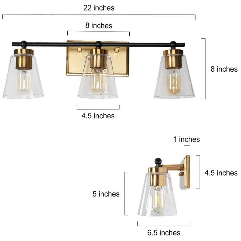 Image 2 3-Light Brass Gold Bathroom Vanity Light with Cone Clear Glass more views