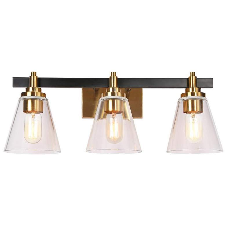 Image 1 3-Light Brass Gold Bathroom Vanity Light with Cone Clear Glass
