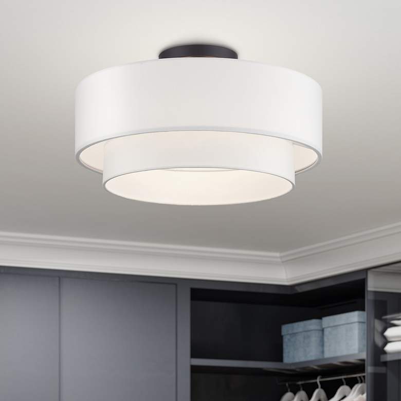 Image 1 3 Light Bronze Large Semi-Flush with Off-White Shades