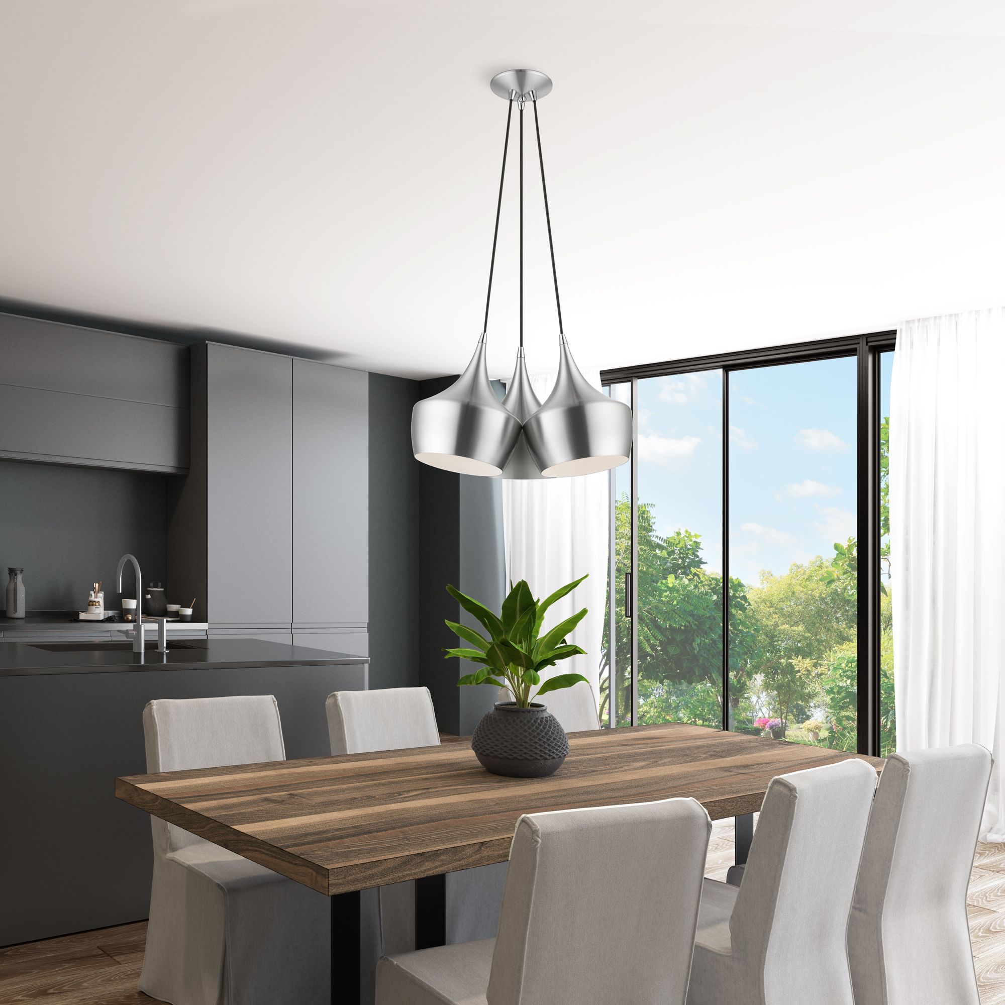 3 Light Brushed Aluminum Cluster Pendant