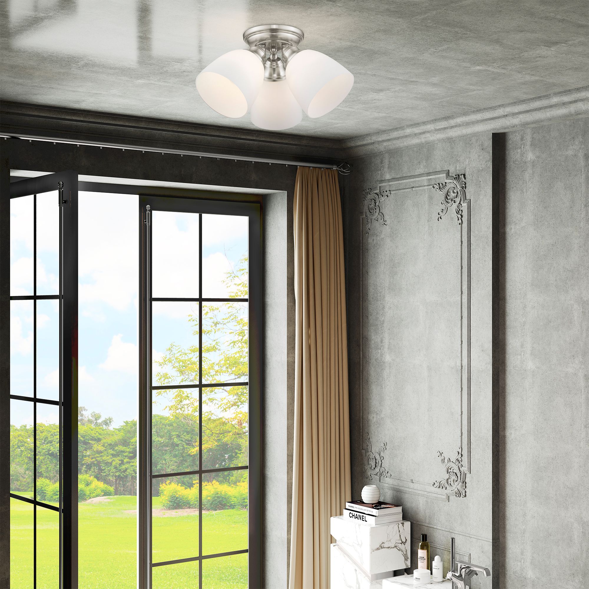 3 Light Brushed Nickel Ceiling Mount in scene