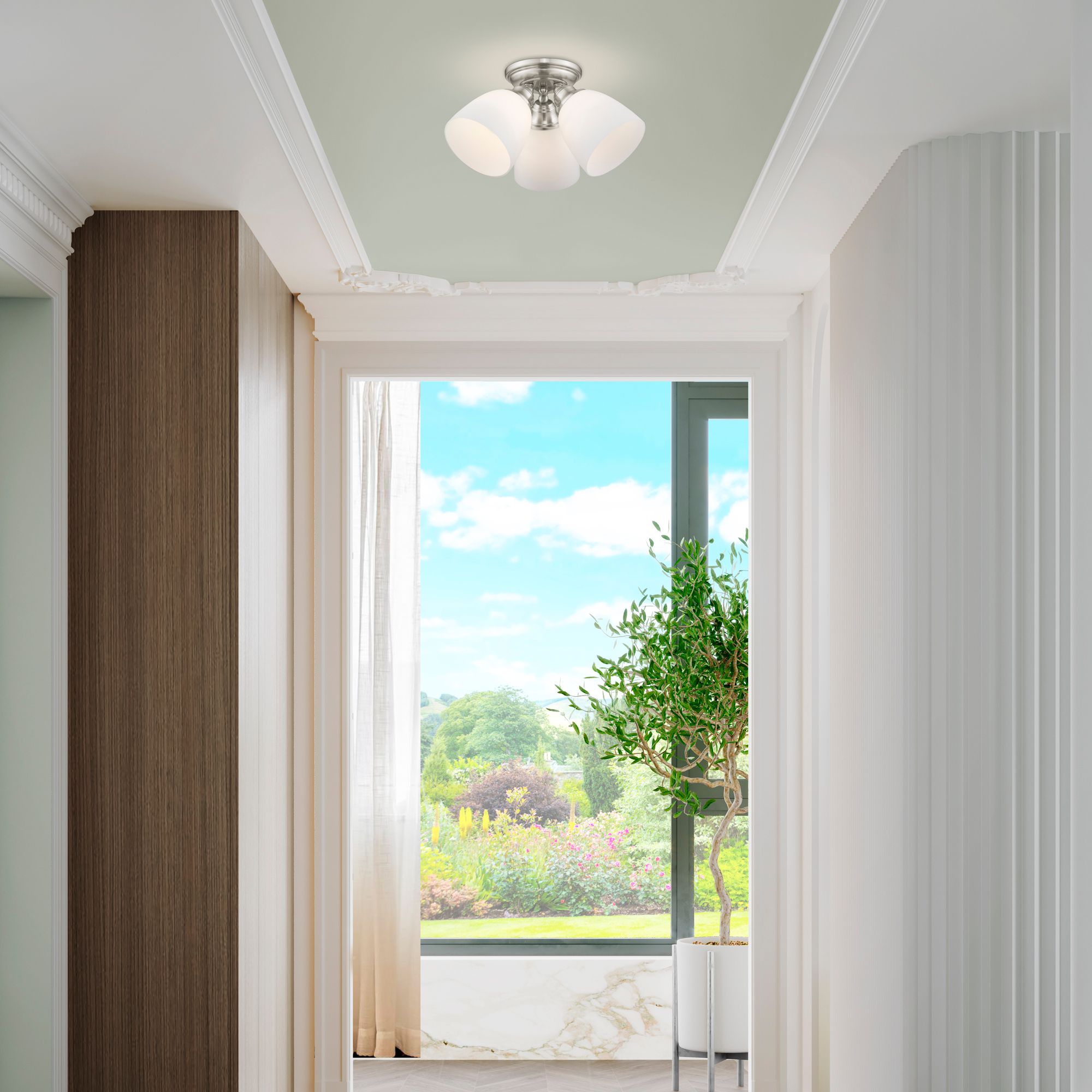3 Light Brushed Nickel Ceiling Mount in scene