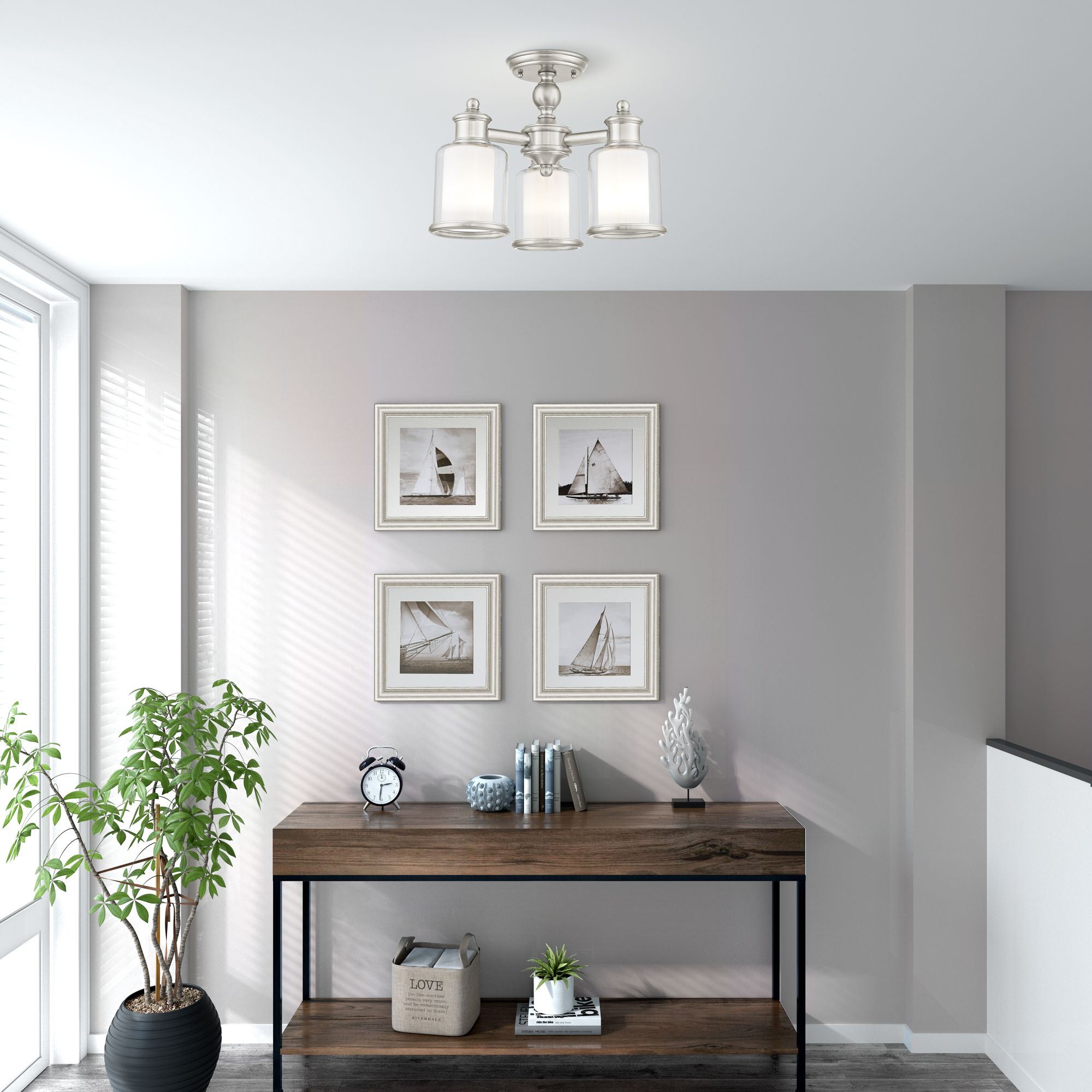 3 Light Brushed Nickel Convertible Mini Chandelier/Ceiling Mount