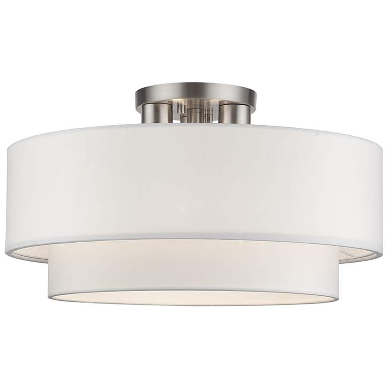 Image 2 3 Light Brushed Nickel Large Semi-Flush with Off-White Shades