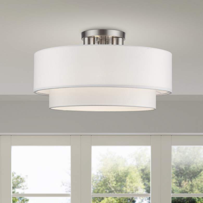 Image 1 3 Light Brushed Nickel Large Semi-Flush with Off-White Shades