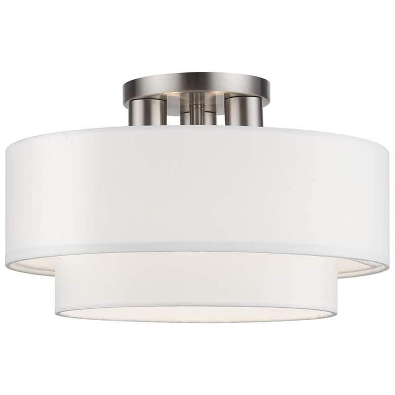 Image 1 3 Light Brushed Nickel Semi-Flush with Off-White Fabric