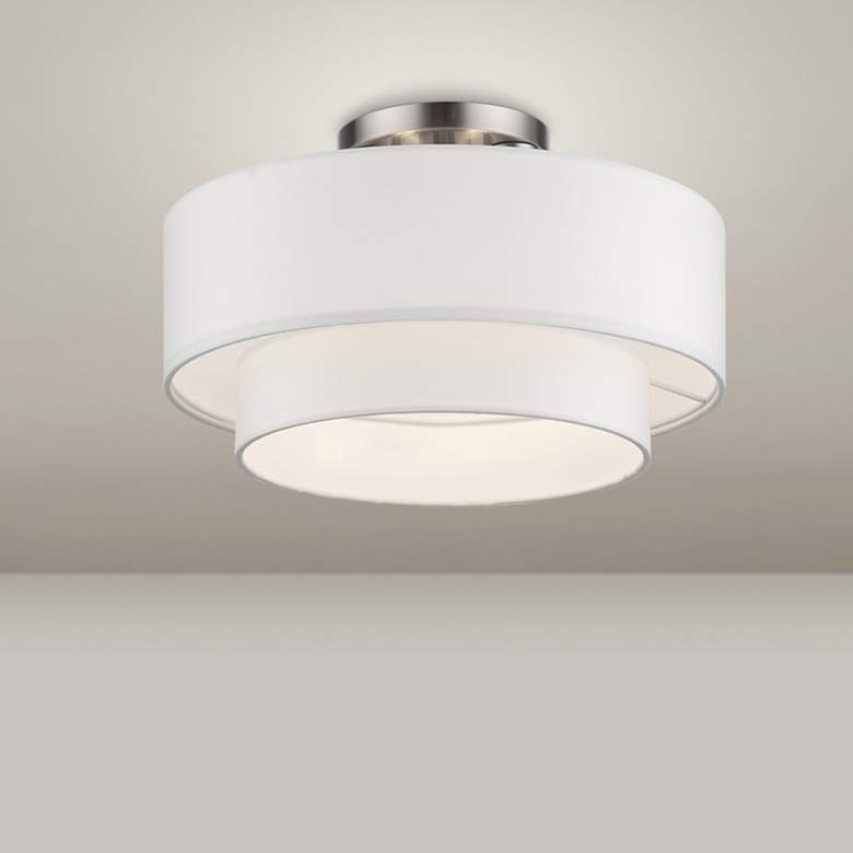 Image 1 3 Light Brushed Nickel Semi-Flush with Off-White Fabric