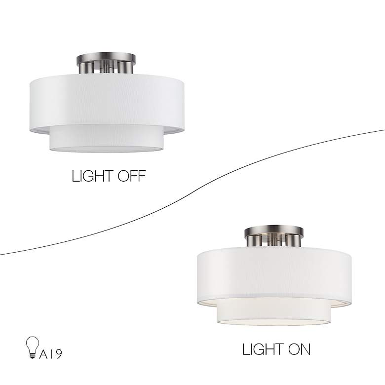 Image 7 3 Light Brushed Nickel Semi-Flush with Off-White Fabric more views