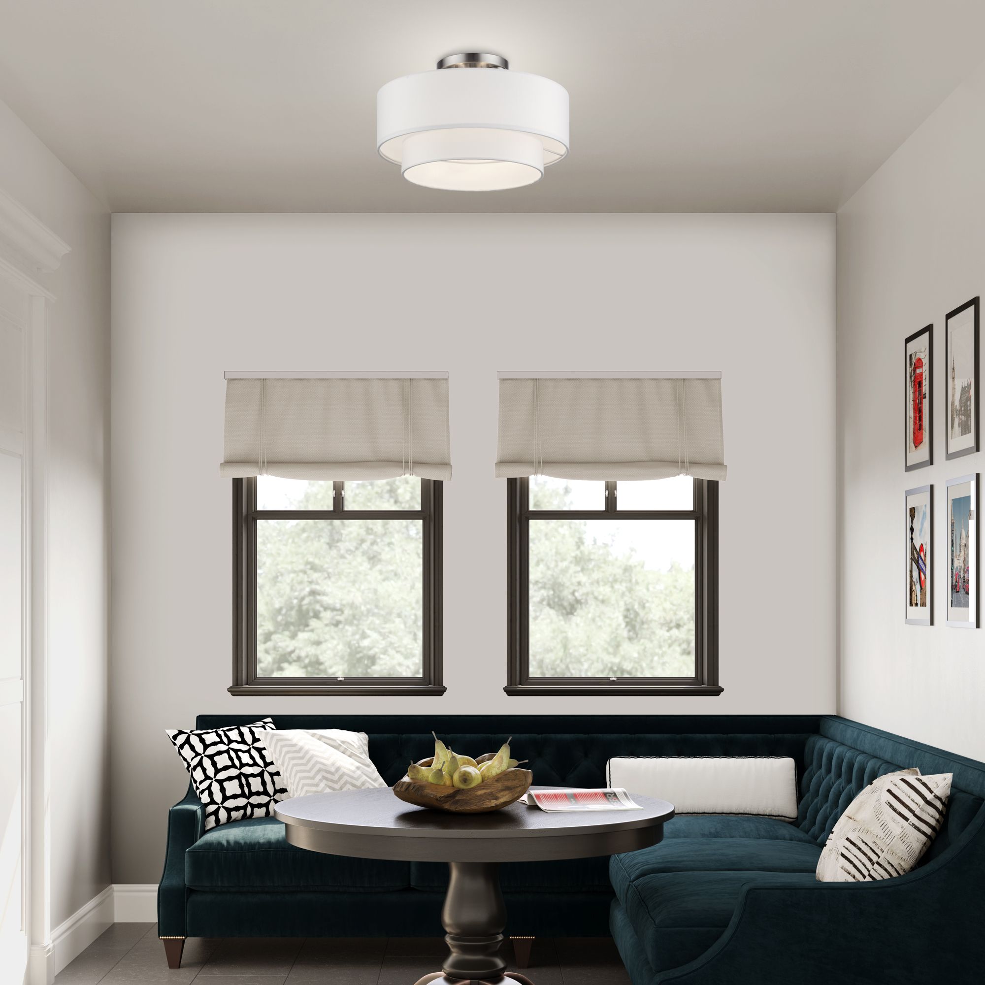 3 Light Brushed Nickel Semi-Flush with Off-White Fabric