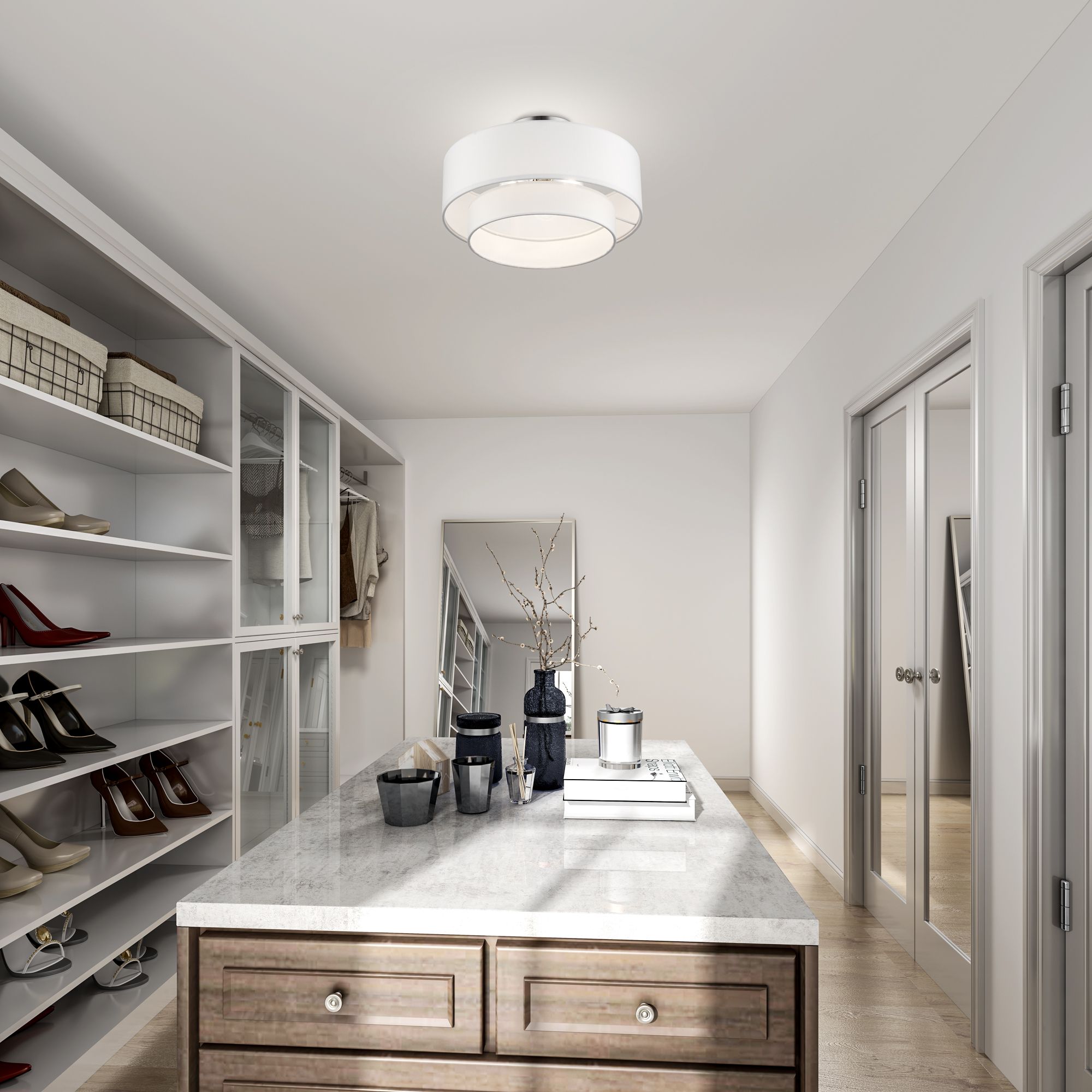 3 Light Brushed Nickel Semi-Flush with Off-White Fabric