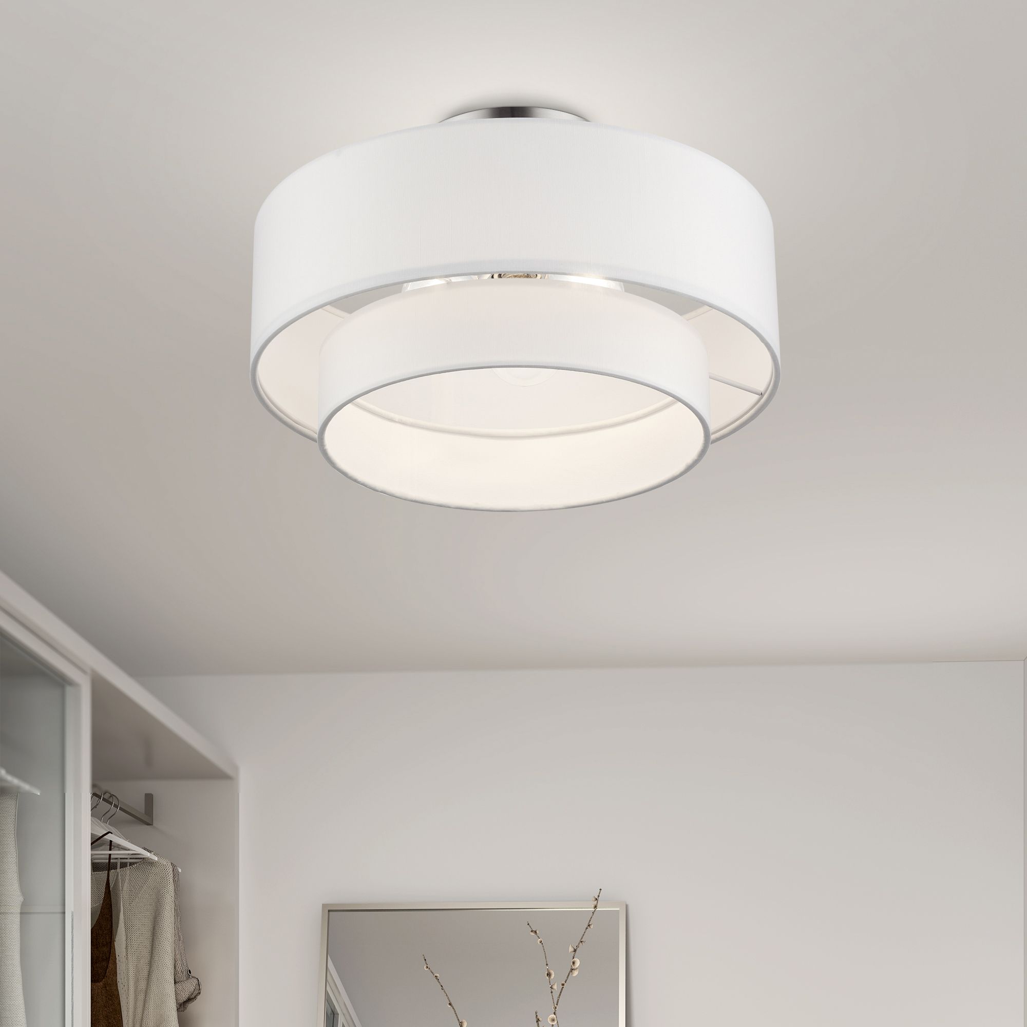 3 Light Brushed Nickel Semi-Flush with Off-White Fabric