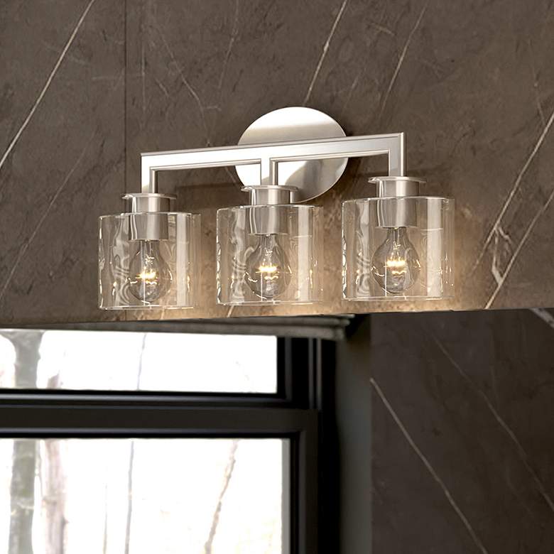 Image 1 3 Light Brushed Nickel Vanity Sconce with Mouth Blown Clear Glass