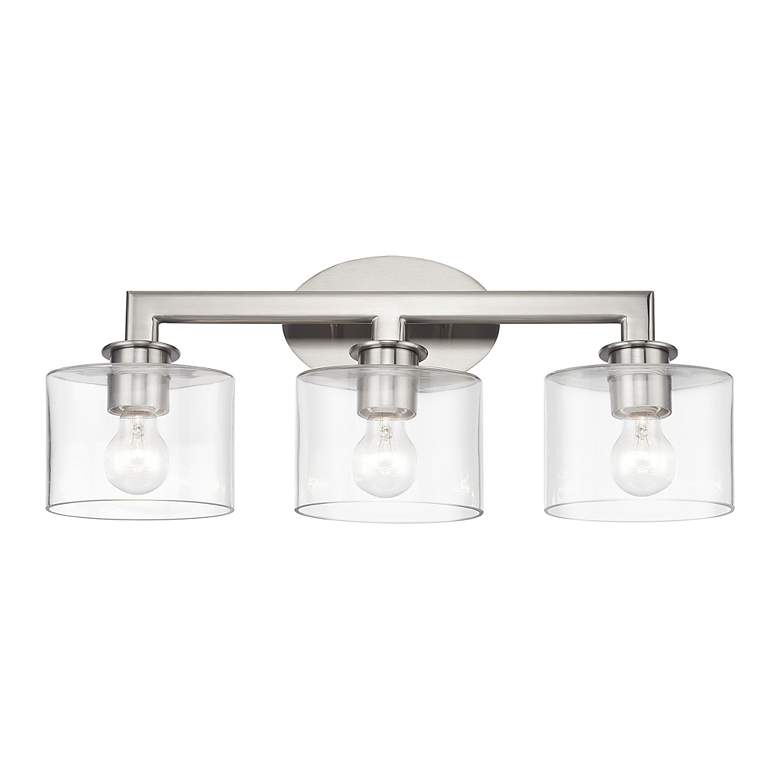 Image 4 3 Light Brushed Nickel Vanity Sconce with Mouth Blown Clear Glass more views