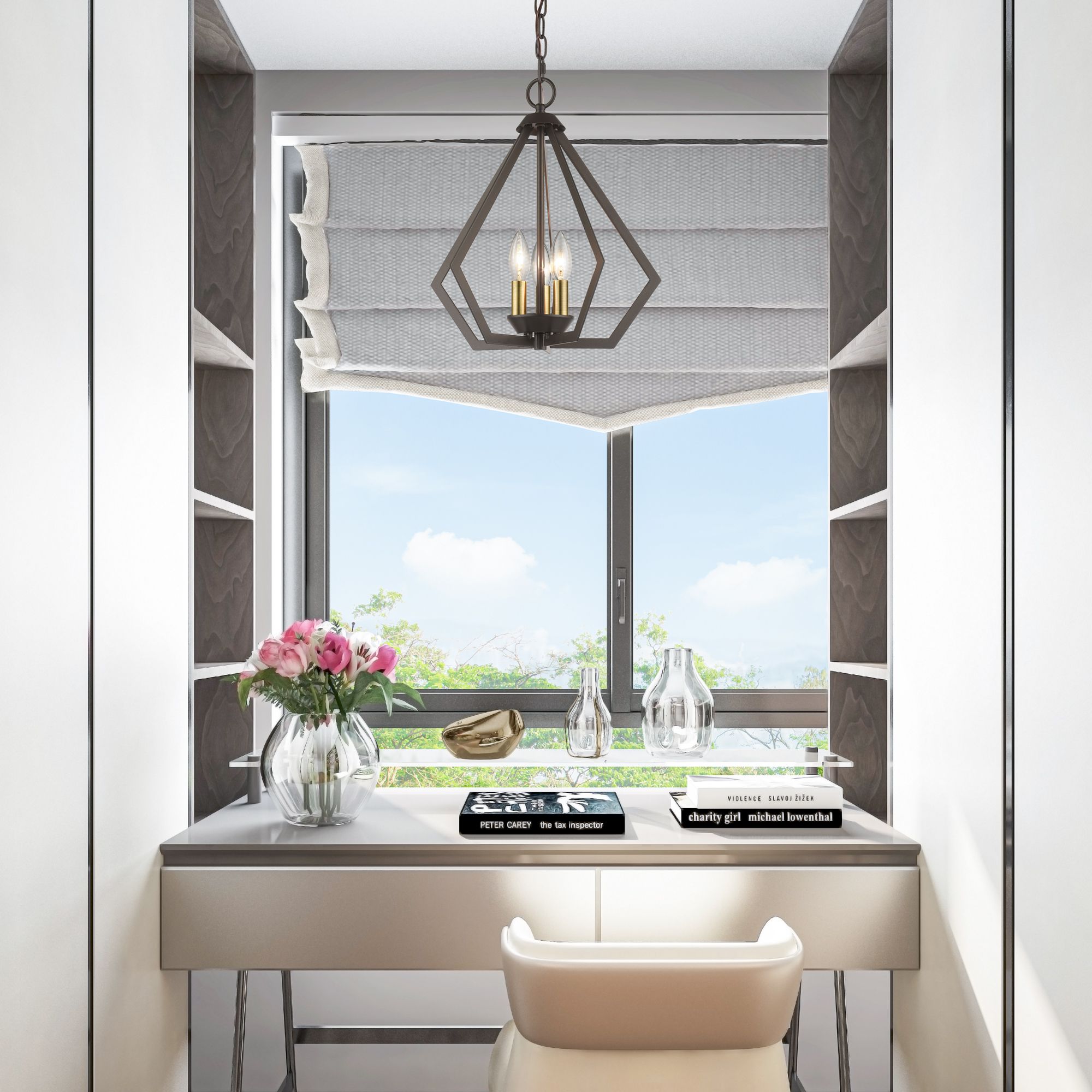 3 Light English Bronze Small Pendant with Antique Brass Finish Accents