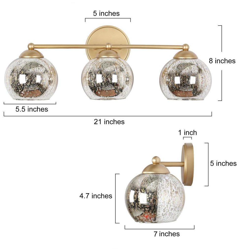 Image 2 3-Light Gold Bathroom Vanity Light with Globe Mercury Glass more views