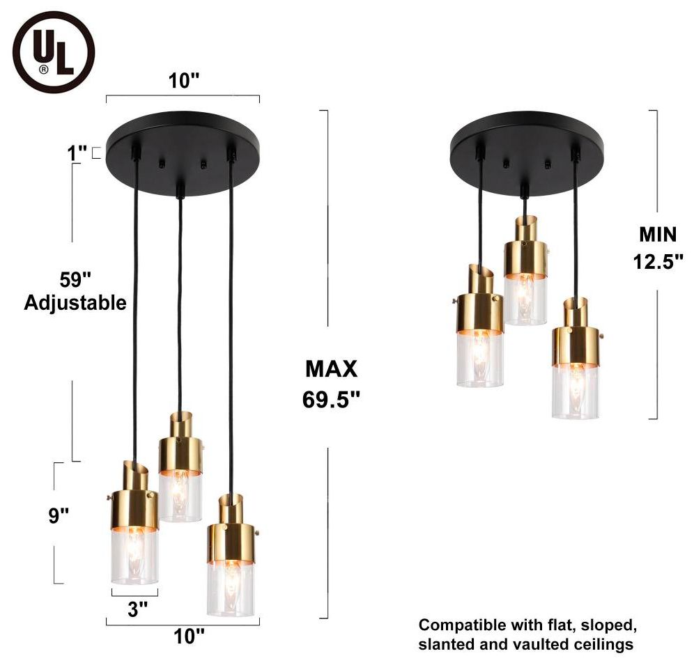 Image 4 3-Light Matte Black and Plating Brass Chandeliers with Clear Glass more views
