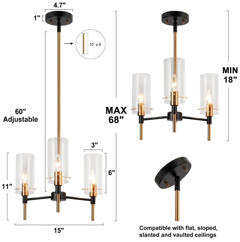 Image 3 3-Light Matte Black and Plating Brass Chandeliers with Clear Glass more views