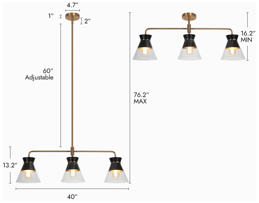 Image 2 3-Light Matte Black and Plating Brass Island Lamp with Clear Glass more views