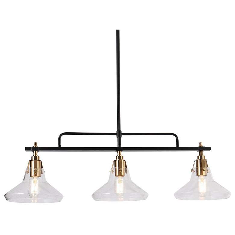 Image 1 3-Light Matte Black and Plating Brass Island Lamp with Seeded Glass