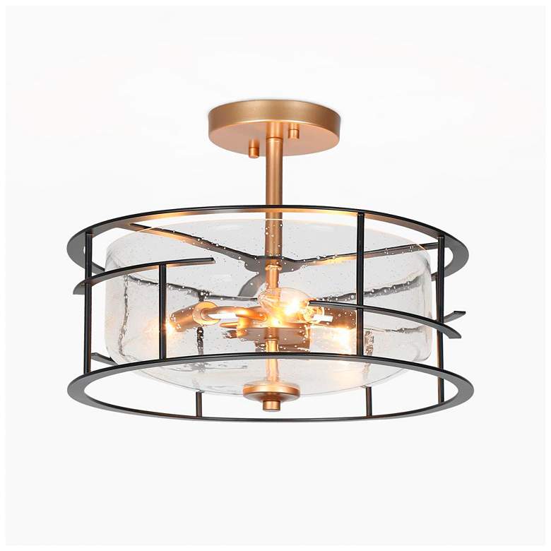 Image 1 3-Light Matte Black and Satin Gold Ceiling Lamp with Seeded Glass