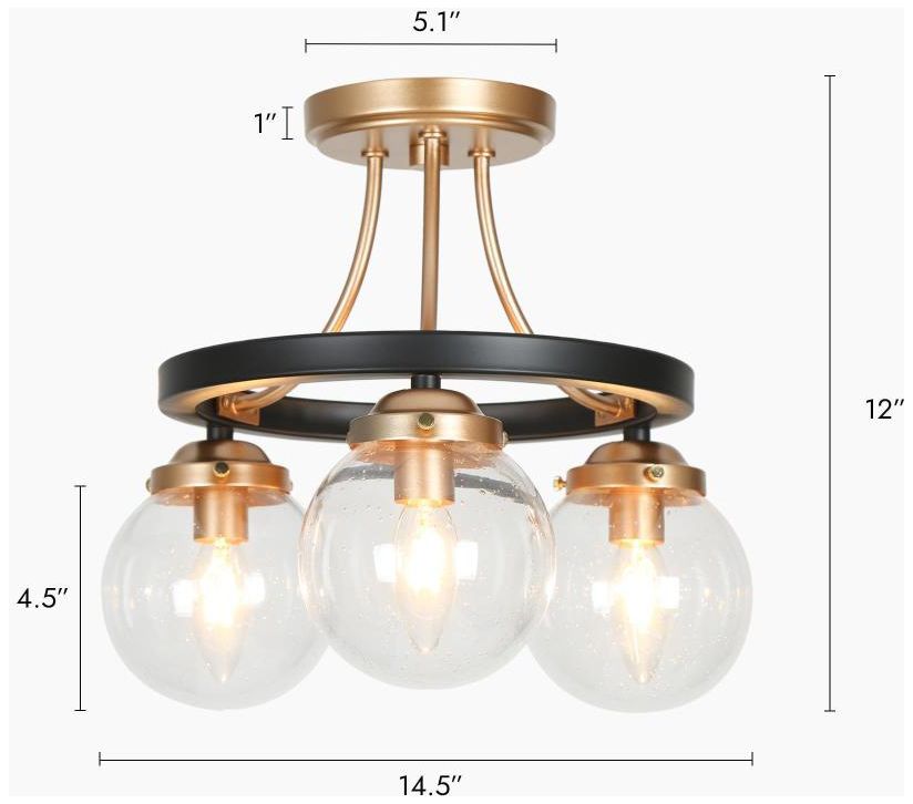 Image 2 3-Light Matte Black and Satin Gold Ceiling Lamp with Seeded Glass more views