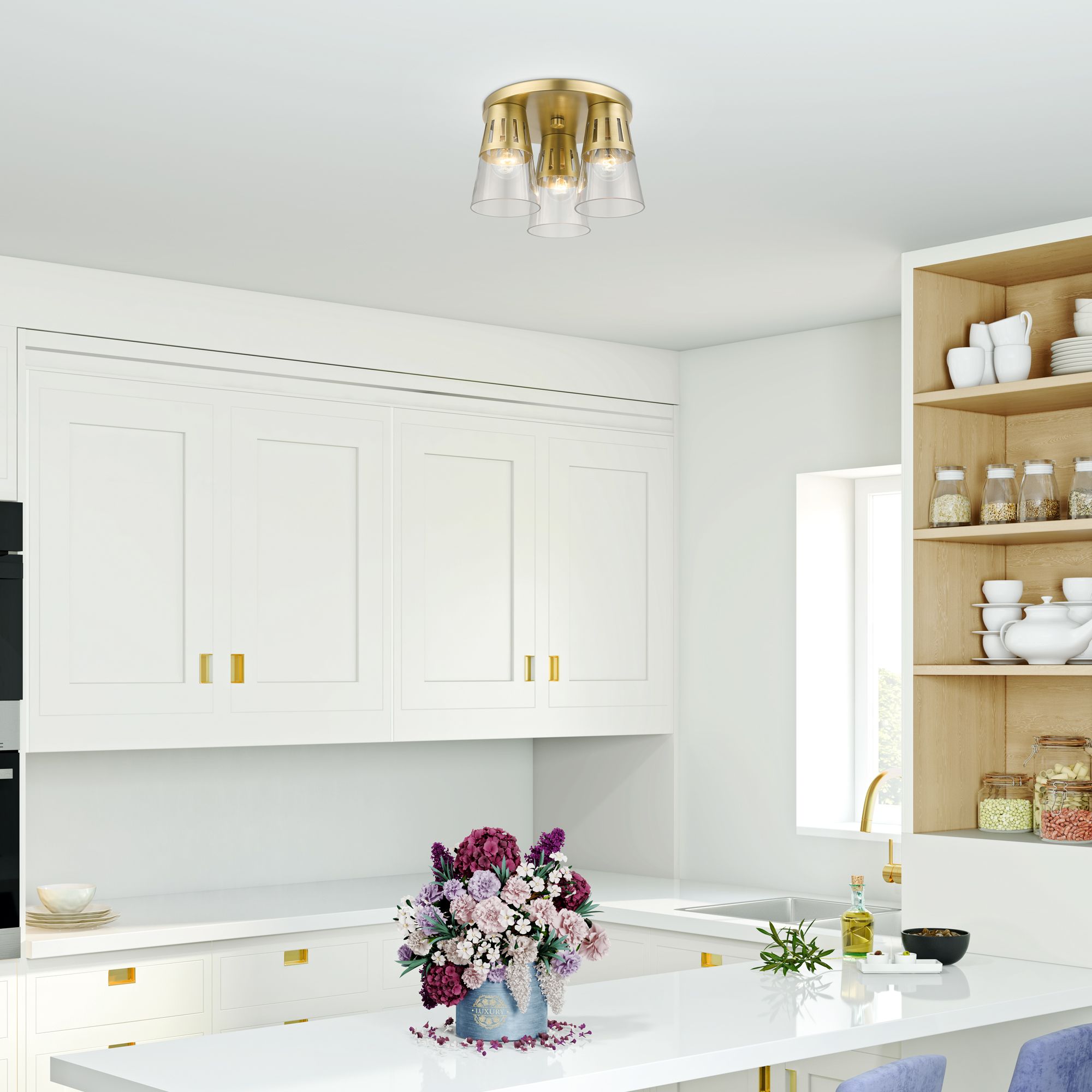 3 Light Natural Brass Flush Mount