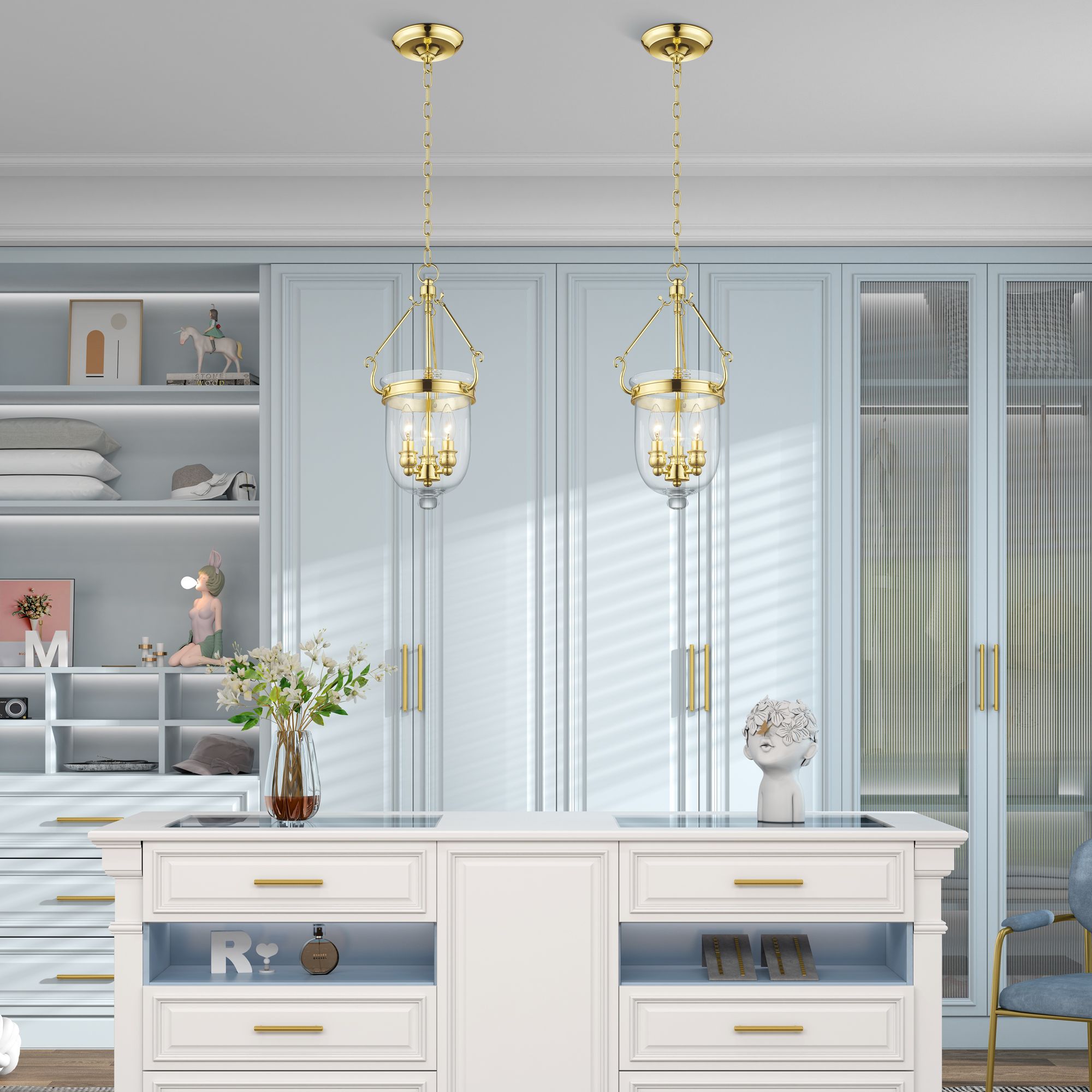 3 Light Polished Brass Chain Lantern