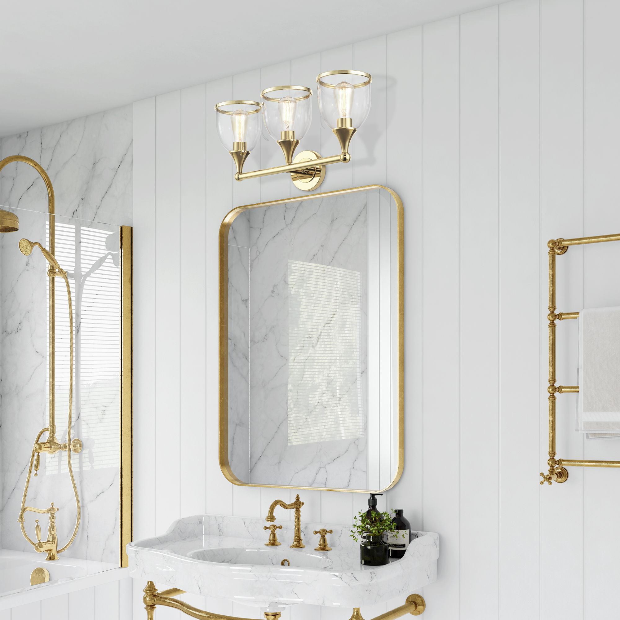 3 Light Polished Brass Vanity Sconce with Mouth Blown Clear Glass