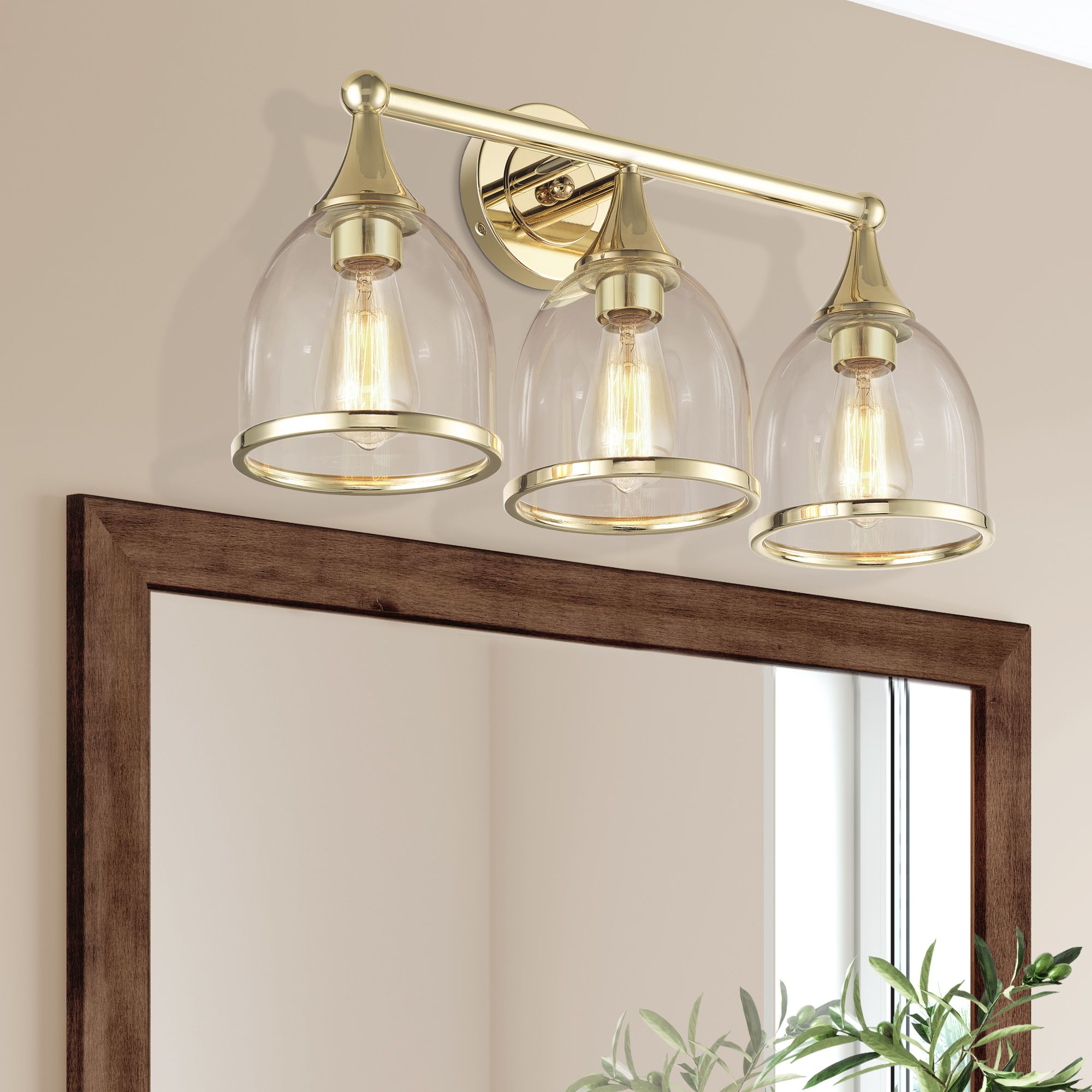 3 Light Polished Brass Vanity Sconce with Mouth Blown Clear Glass