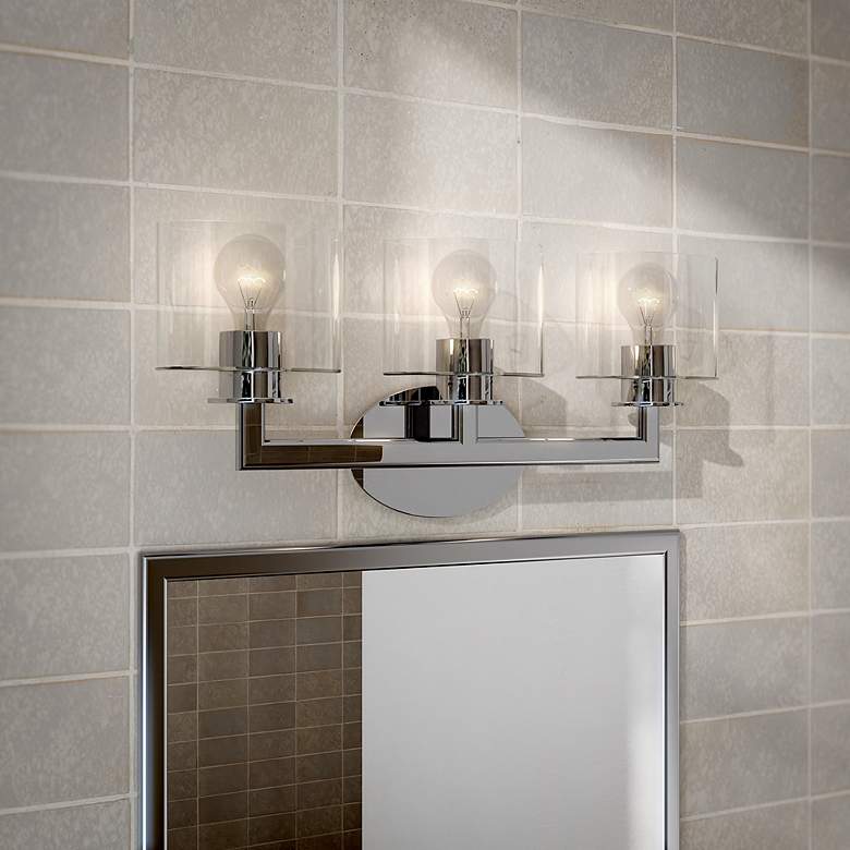 Image 1 3 Light Polished Chrome Vanity Sconce with Mouth Blown Clear Glass